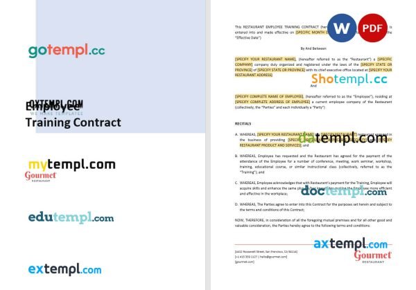 free restaurant employee training contract template, Word and PDF format