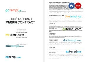 free restaurant loan contract template, Word and PDF format