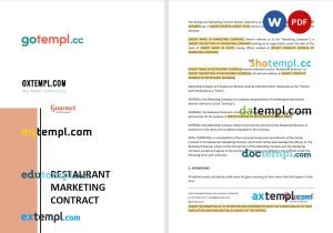 free restaurant marketing contract template, Word and PDF format