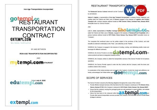 free restaurant transportation contract template, Word and PDF format