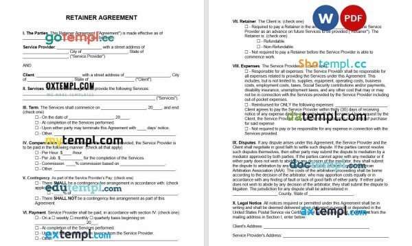 free retainer agreement template, Word and PDF format