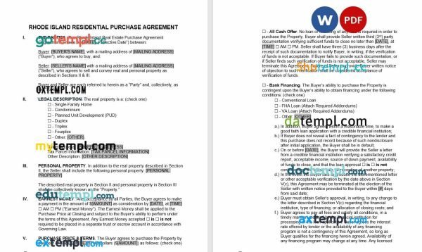 free rhode Island residential purchase agreement template, Word and PDF format