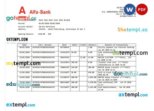 Russia Alfa bank proof of address statement template in Word and PDF format