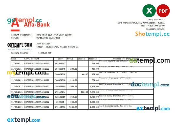 Russia Alfa bank statement easy to fill template in .xls and .pdf file format