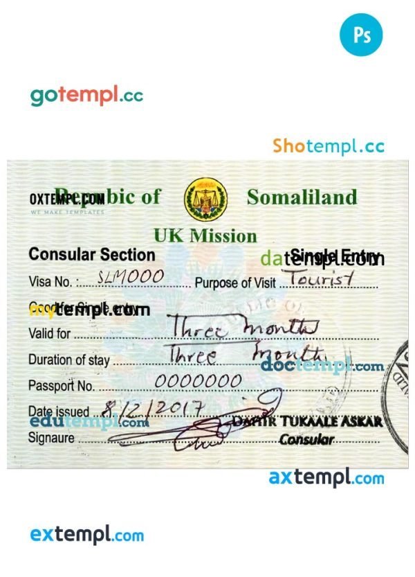 Somaliland travel visa PSD template, with fonts