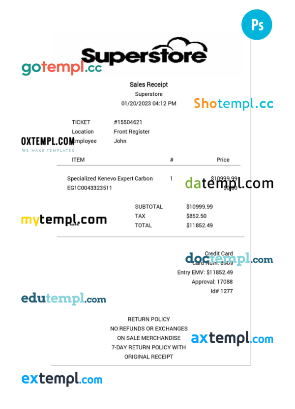 SUPERSTORE payment receipt PSD template