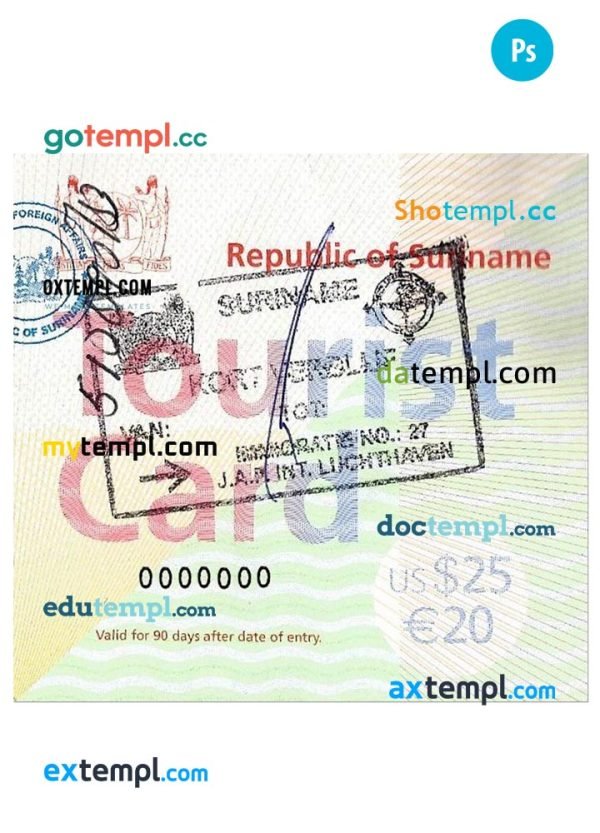 Suriname tourist card PSD template, with fonts