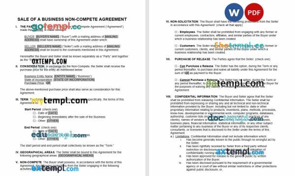 free sale of a business non-compete agreement template, Word and PDF format