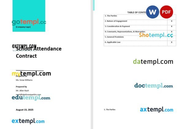 free school attendance contract template, Word and PDF format