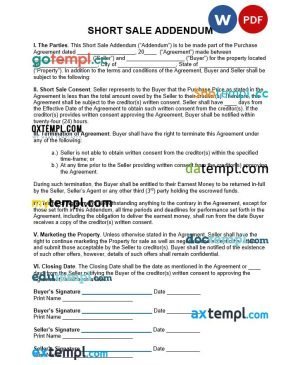 free short sale addendum to purchase agreement template, Word and PDF format