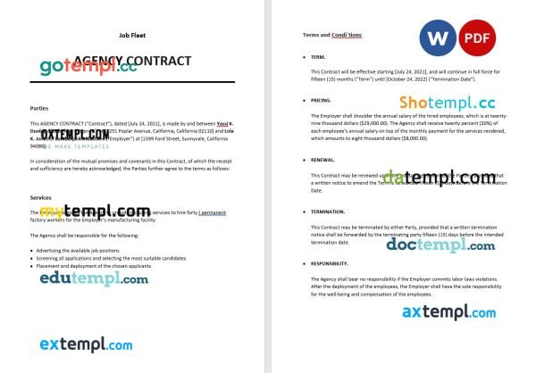 free simple agency contract template, Word and PDF format