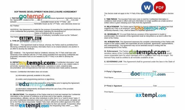 free software development non-disclosure agreement NDA template, Word and PDF format