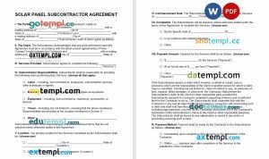 free solar panel subcontractor agreement template, Word and PDF format