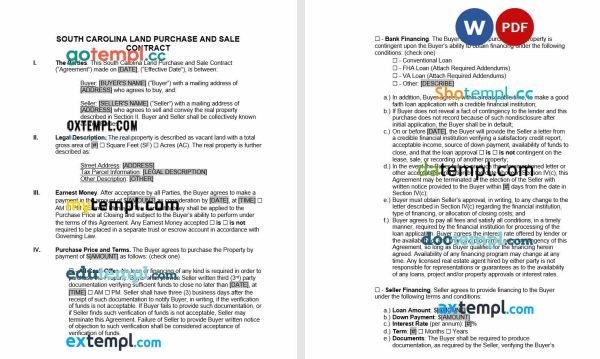 free South Carolina land contract template, Word and PDF format