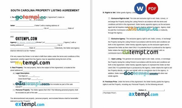 free South Carolina real estate listing agreement template, Word and PDF format