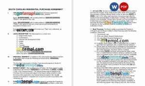 free South Carolina residential purchase agreement template, Word and PDF format