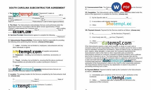 free South Carolina subcontractor agreement template, Word and PDF format