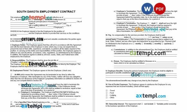 free South Dakota employment contract template, Word and PDF format