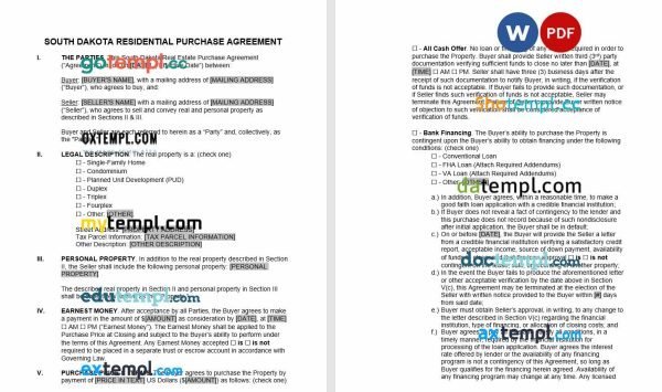 free South Dakota residential purchase agreement template, Word and PDF format