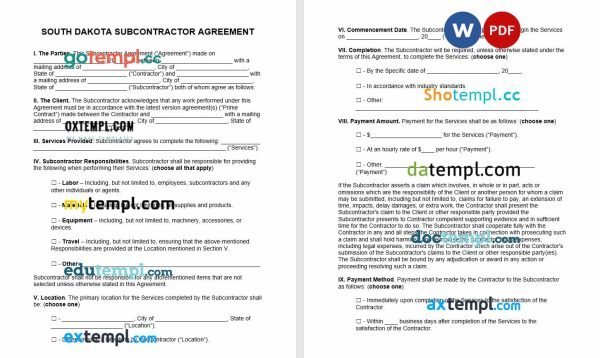 free South Dakota subcontractor agreement template, Word and PDF format