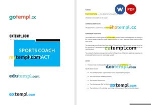 free sports coach contract template, Word and PDF format