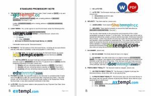 free standard promissory note template, Word and PDF format