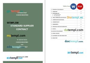 free standard supplier contract template, Word and PDF format