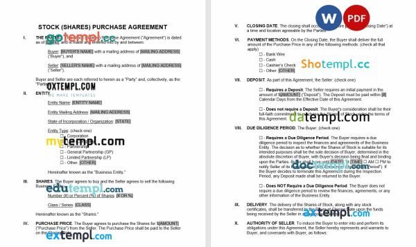free stock shares purchase agreement template, Word and PDF format