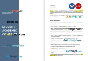 free student academic contract template, Word and PDF format