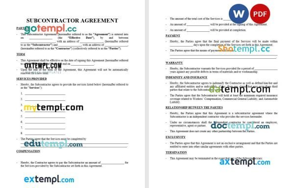 free subcontractor agreement template, Word and PDF format