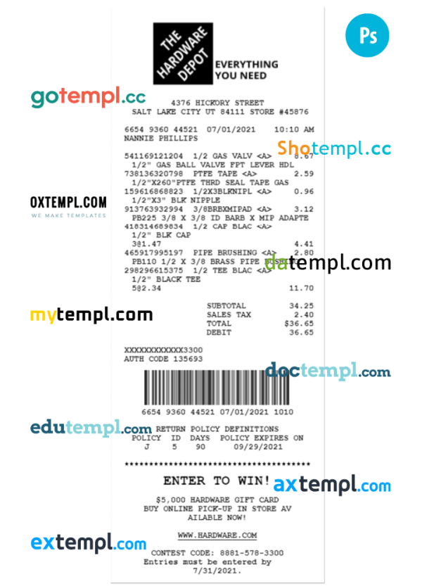 THE HARDWARE DEPOT receipt template PSD template