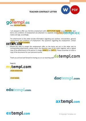 free teacher contract letter template, Word and PDF format