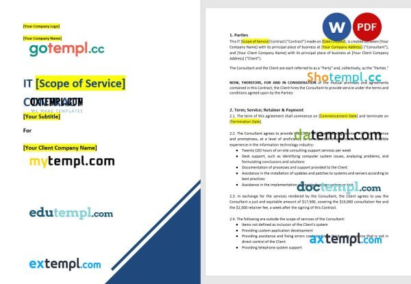 free technology consulting contract template, Word and PDF format