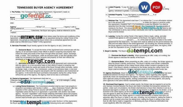 free Tennessee buyer agency agreement template, Word and PDF format