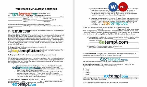 free Tennessee employment contract template, Word and PDF format