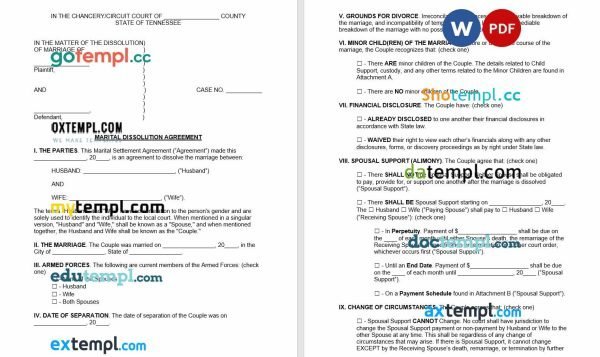 free Tennessee marital settlement agreement template, Word and PDF format