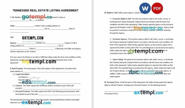 free Tennessee real estate listing agreement template, Word and PDF format