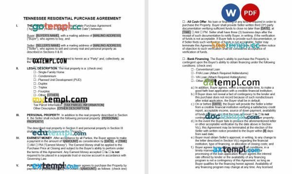 free Tennessee residential purchase agreement template, Word and PDF format
