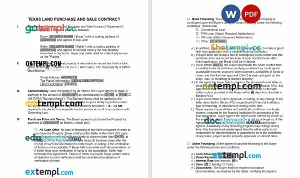 free Texas land contract template, Word and PDF format