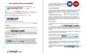 free truck driver contractor agreement template, Word and PDF format