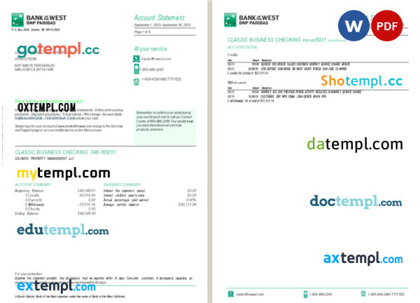 USA South Dakota Bank of the West BNP Paribas bank statement Word and PDF template, 4 pages