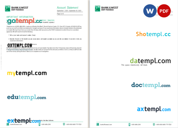 USA South Dakota Bank of the West BNP Paribas bank statement Word and PDF template, 4 pages