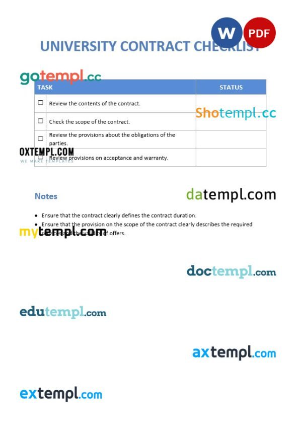 free university contract checklist template, Word and PDF format