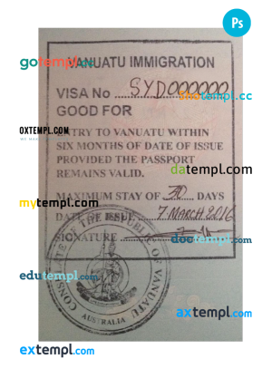 Vanuatu visa stamp PSD template, with fonts
