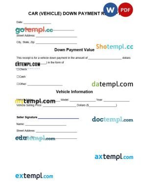 free vehicle down payment receipt template, Word and PDF format