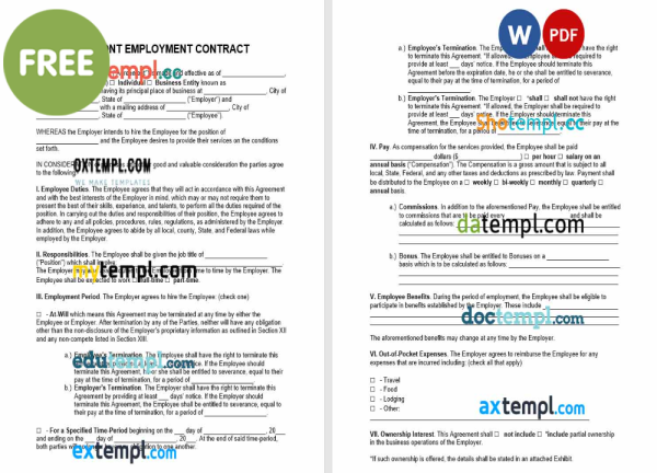 free Vermont employment contract template, Word and PDF format