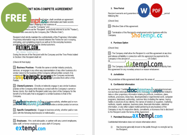 free Vermont non-compete agreement template, Word and PDF format