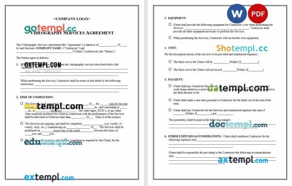 free videography services template, Word and PDF format