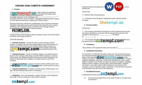 free Virginia non-compete agreement template, Word and PDF format