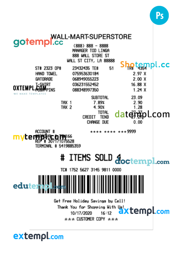 WALL-MART-SUPERSTORE payment receipt PSD template